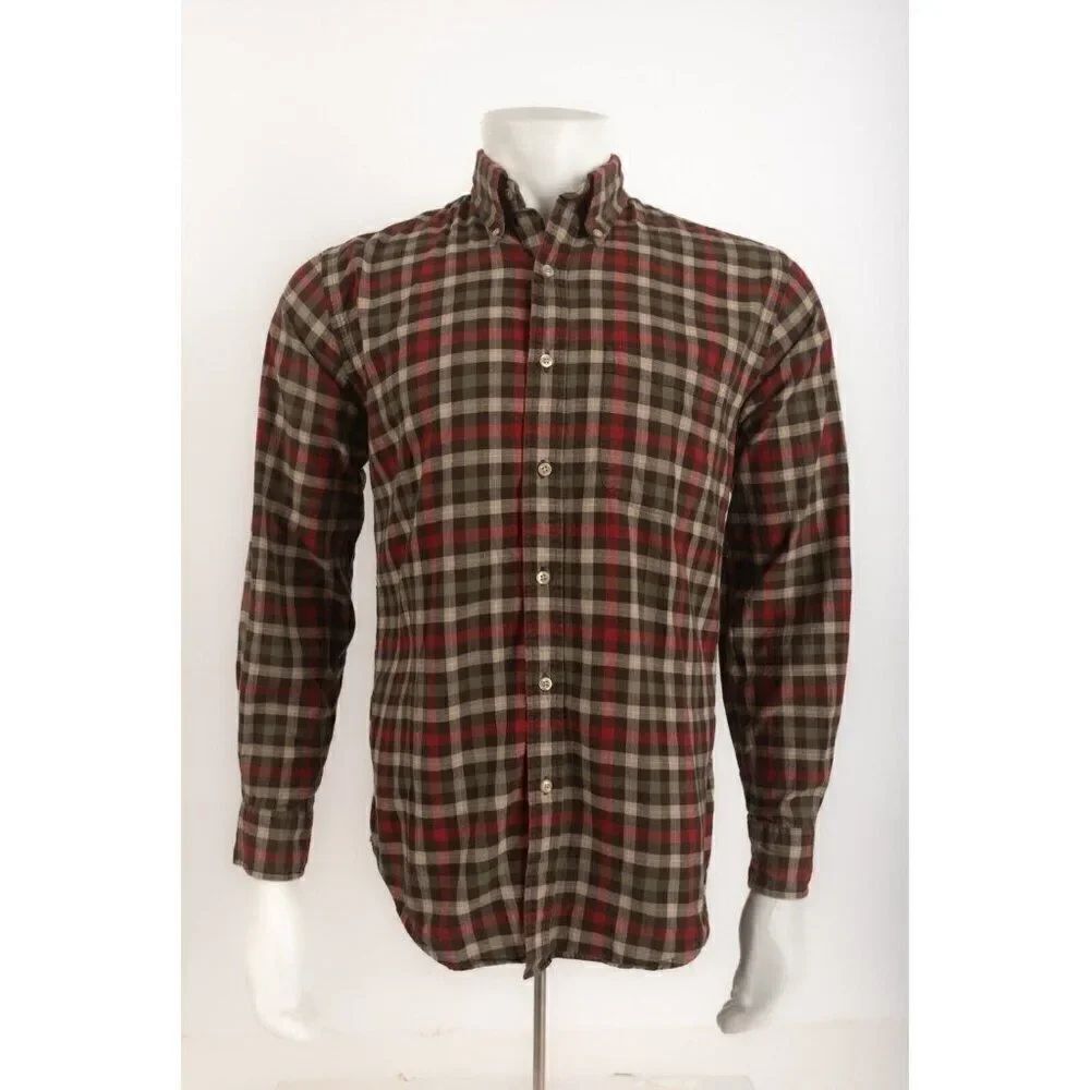 Lands' End Mens Shirt Top Size S 14 14.5 Maroon Brown Tan Multicolor Plaid
